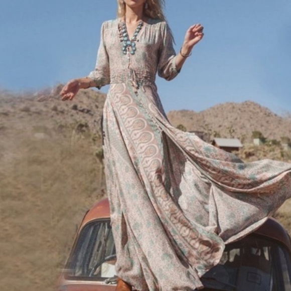 Boho Floral Print Button up Shirred Waist Tassel Tie Maxi Dress - Picture 3 of 5